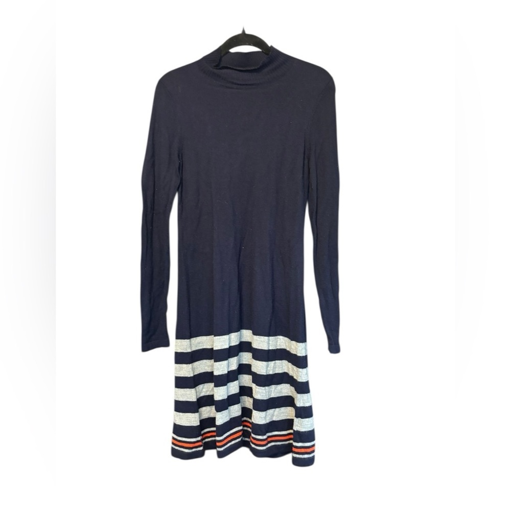 Cynthia Rowley Mock Neck Sweater Dress Navy Blue Stripes Patriotic Interview Med